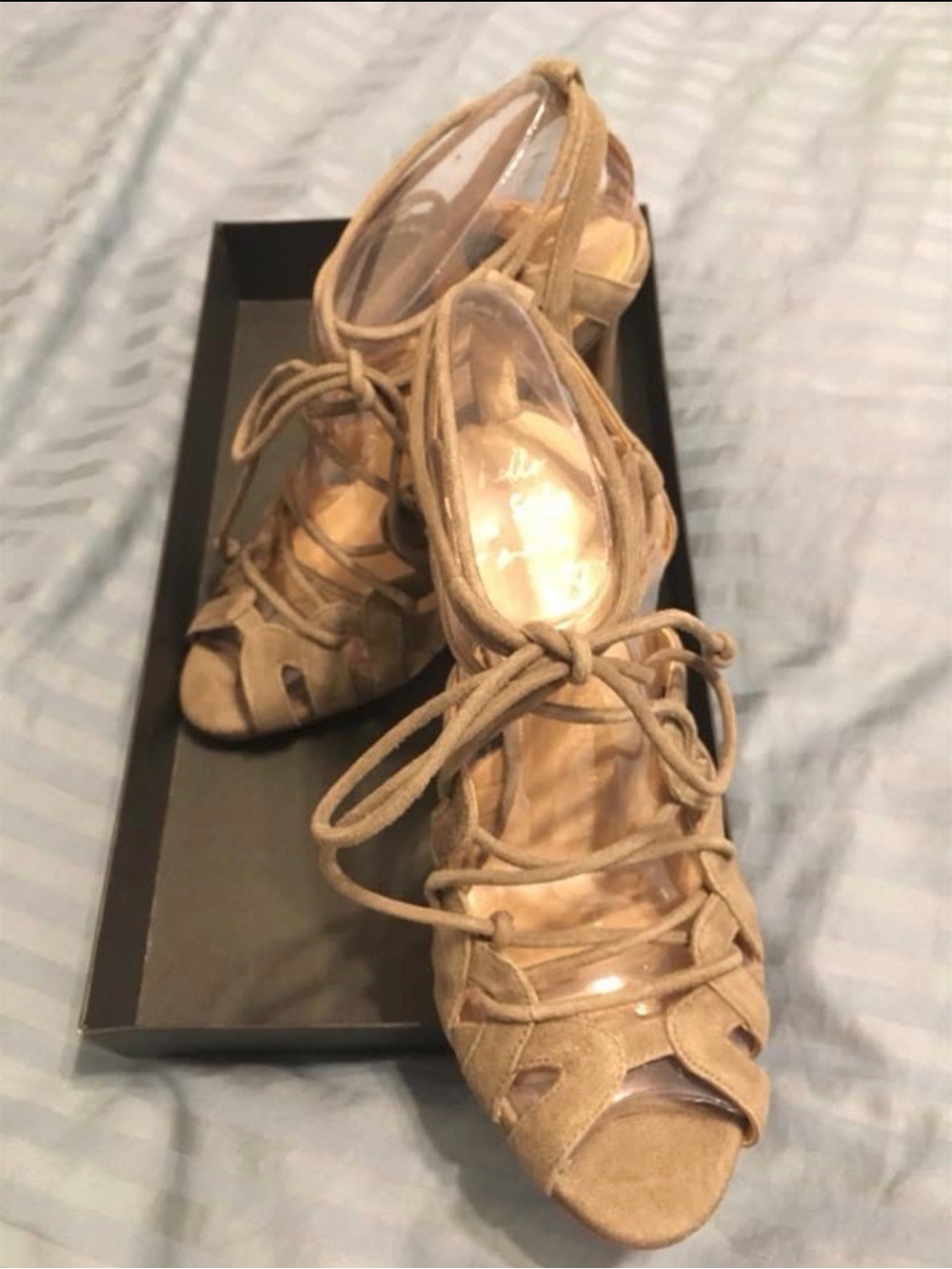 NEW Banana Republic Lace-Up Suede Peep-Toe Heels in Taupe